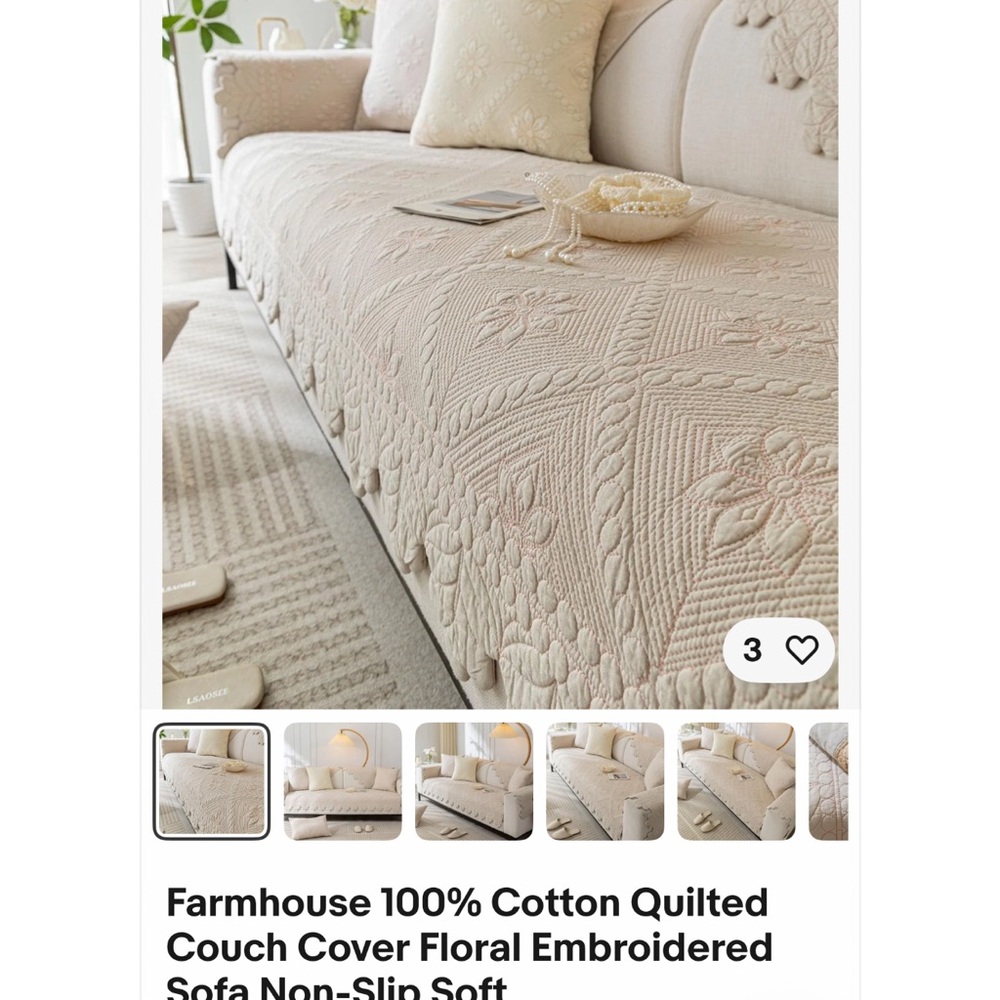 Farmhouse 100% Cotton Quilted Couch Sofa Cover Set Floral Embroidered Non-Slip - Picture 6 of 7